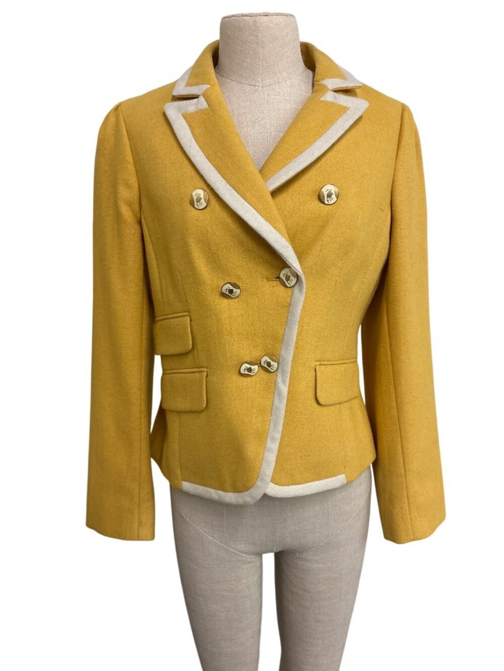 Ann Taylor Loft Petites 10P Mustard Double-Breasted Wool Blazer With White Trim